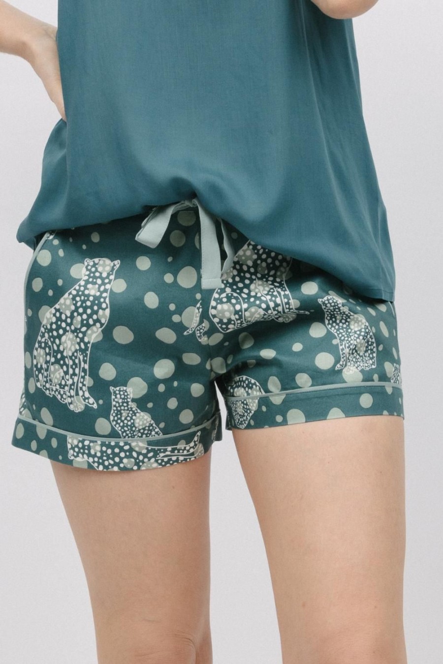 Nightwear Cyberjammies | Hannah Leopard Print Shorts Green Mix