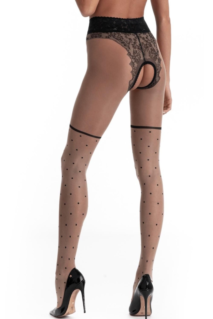 Lingerie Amour Crotchless Lingerie | Lolita Crotchless Tights 30 Denier Beige/Black