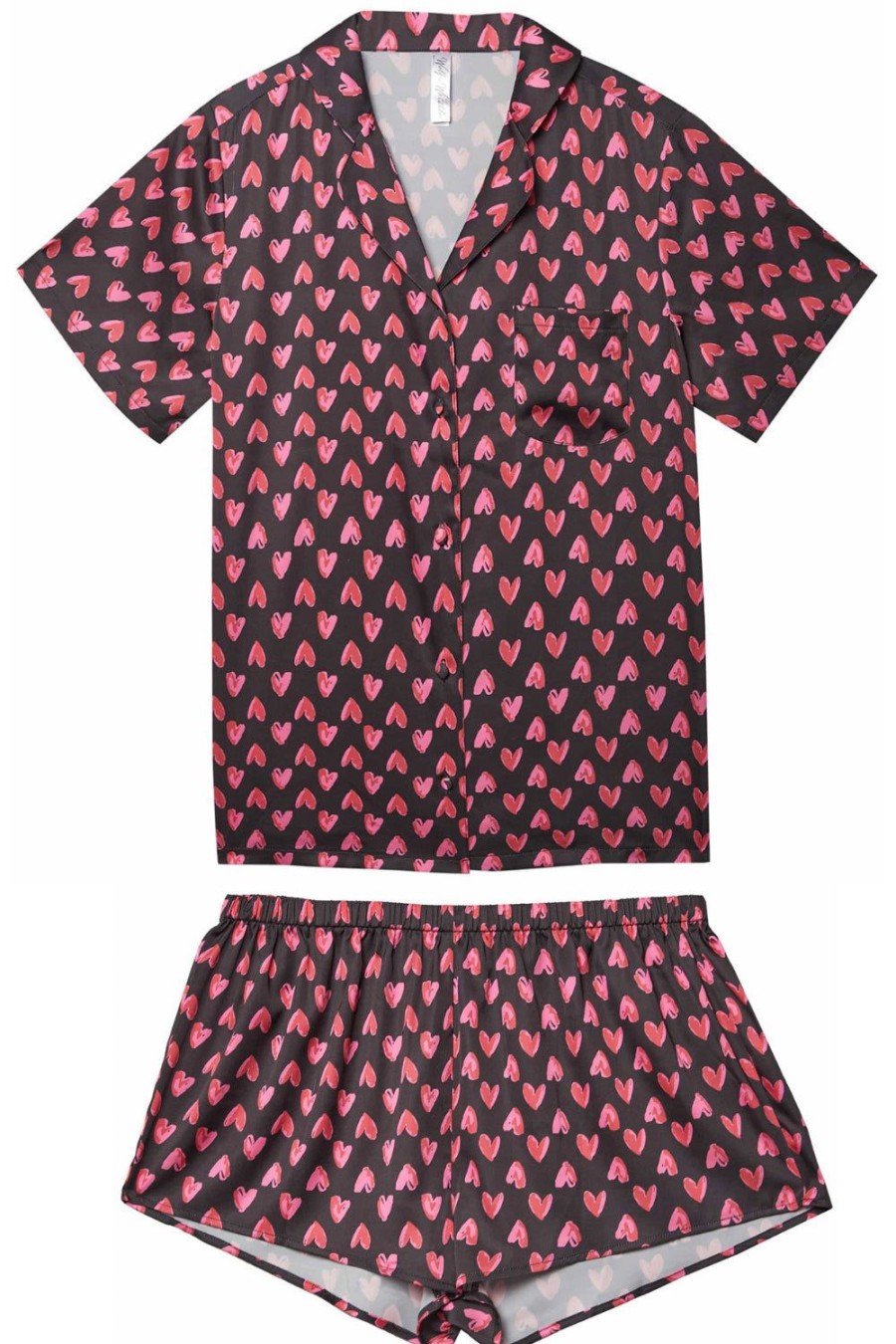 Lingerie Wolf & Whistle 2 Piece Sets | Heart Print Satin Pyjama Set, Size Uk 14 Black