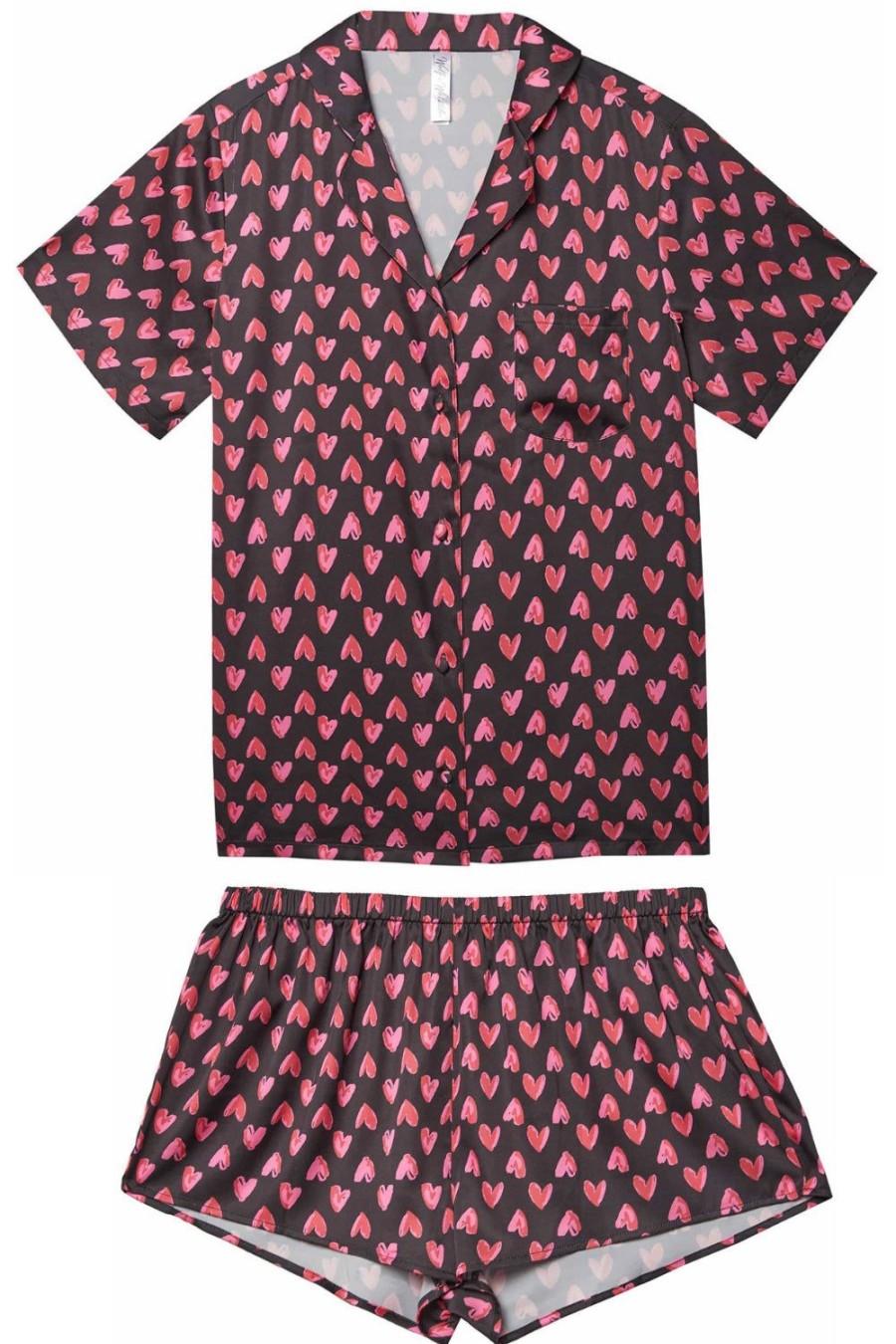 Lingerie Wolf & Whistle Lingerie Sets | Heart Print Satin Pyjama Set, Size Uk 14 Black