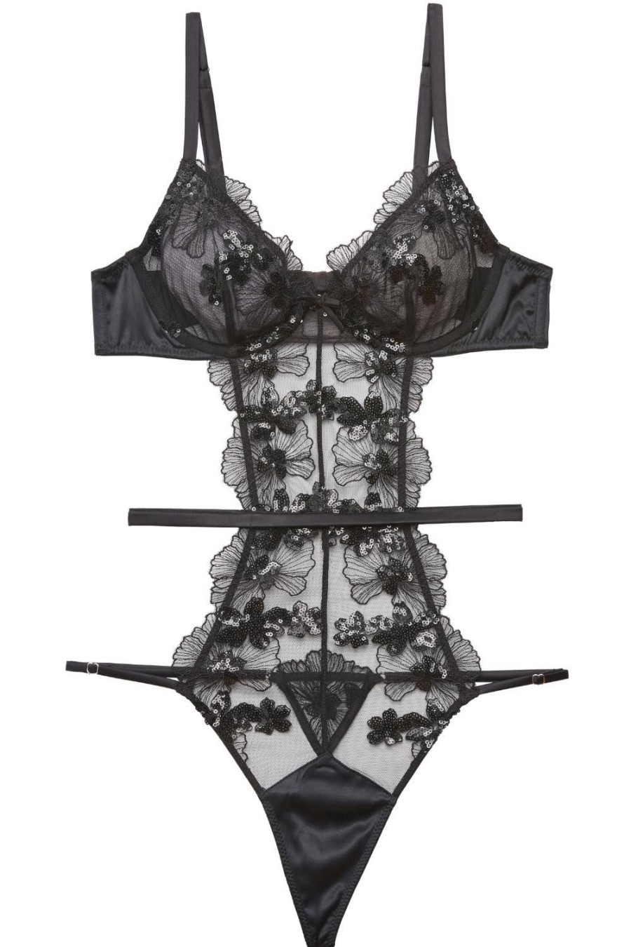 Lingerie Fleur Du Mal Bodysuits & Playsuits | Sequin Violet Embroidery Underwired Thong Bodysuit Black