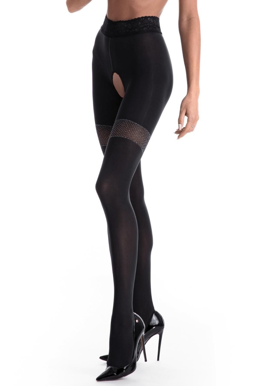 Lingerie Amour Crotchless Lingerie | Glamour Crotchless Tights 80 Denier Black