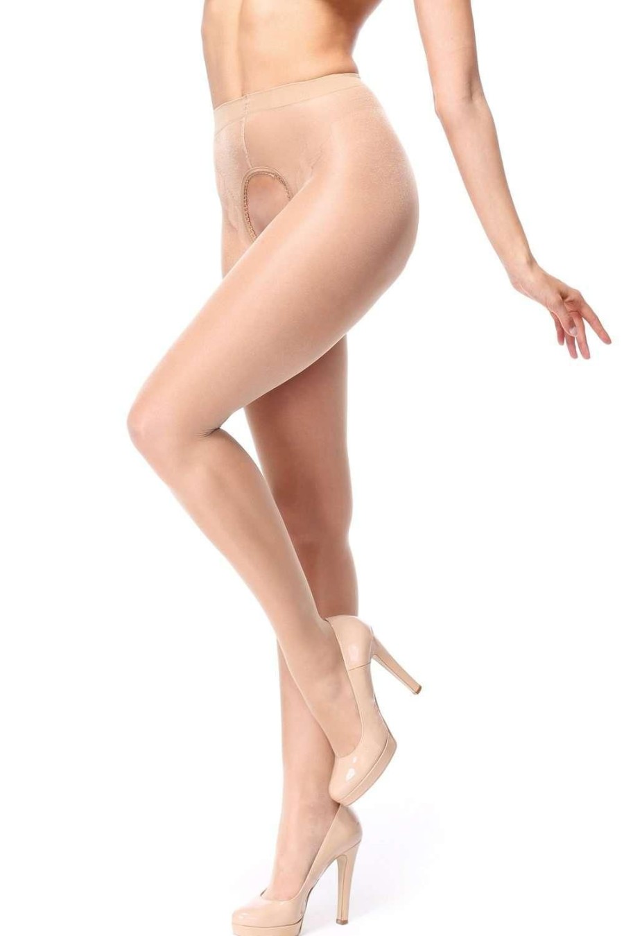 Lingerie Miss O Crotchless Lingerie | Open Crotch Back Seamed Tights 20 Denier Beige