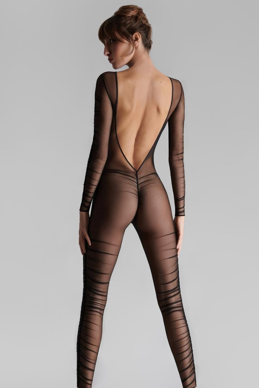 Lingerie Maison Close Catsuits | Nuit Fauve Long Sleeve Naked Back Catsuit Black