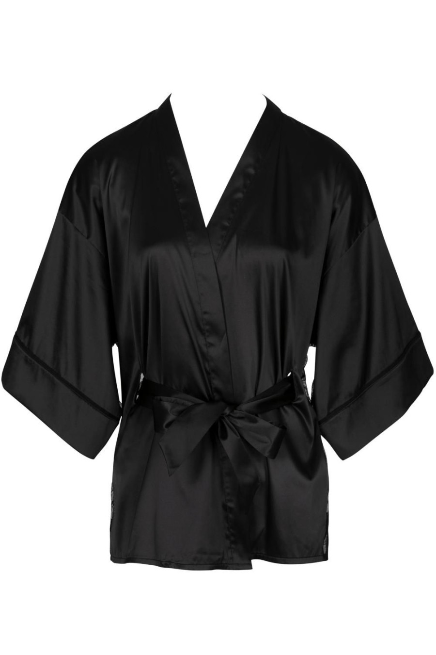 Nightwear Atelier Amour | Nuit A Broadway Satin & Lace Kimono Black