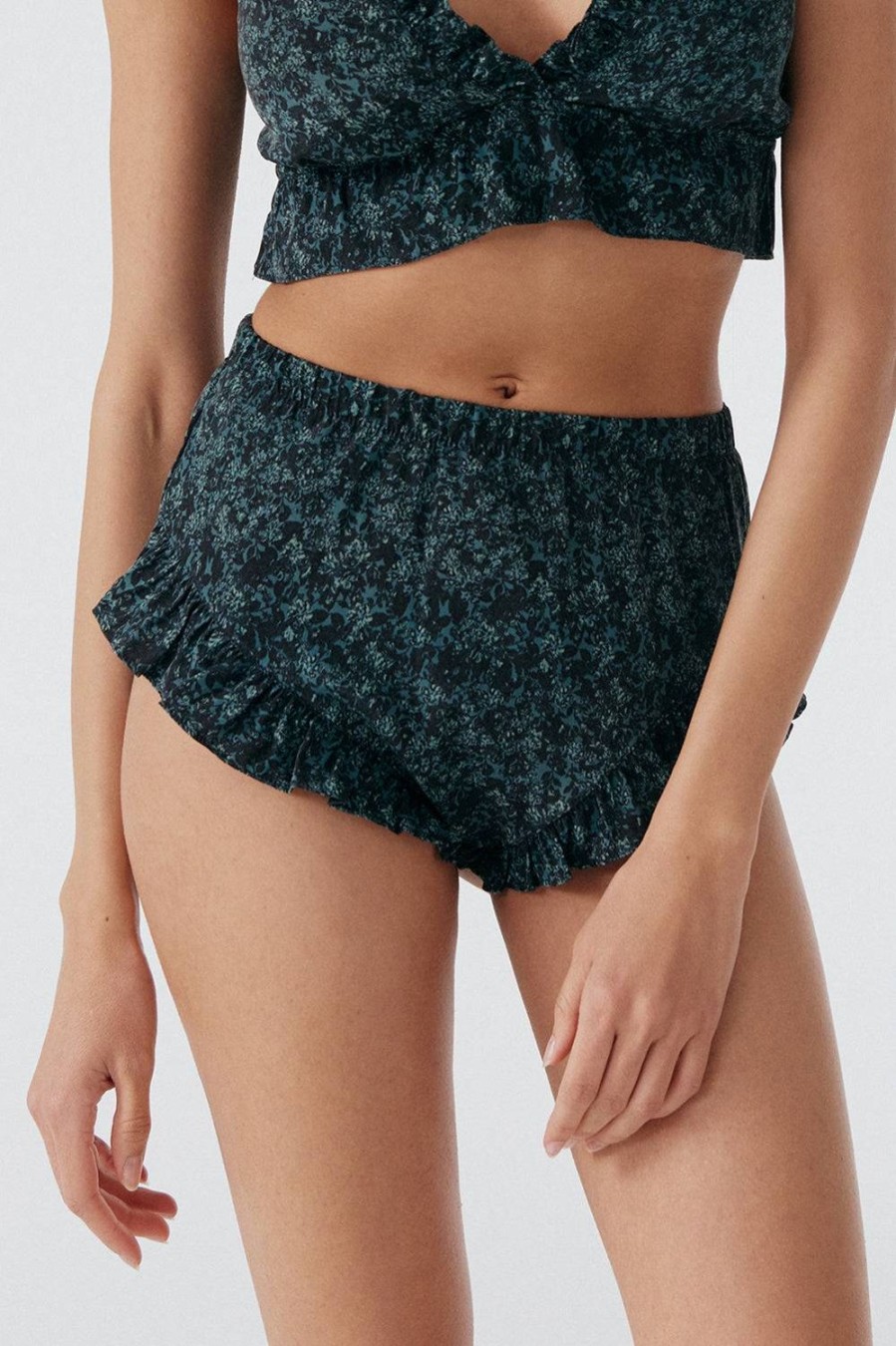 Lingerie Else Shorties | Botanist Silk Ruffled Shorts Cedar/Black