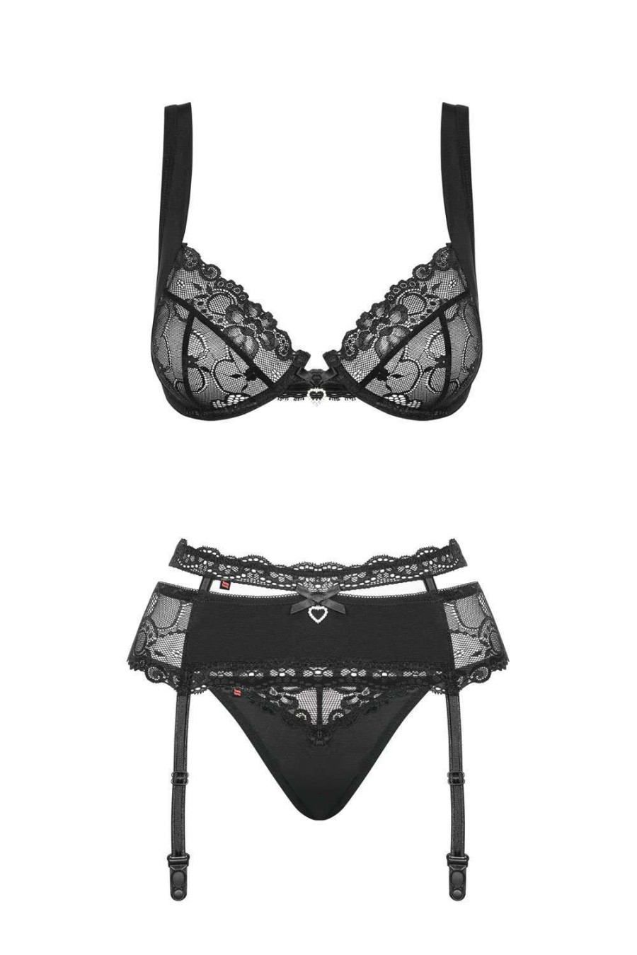 Lingerie Obsessive 3 Piece Sets | Heartina Bra, Thong & Suspender Black