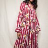 Nightwear Fable & Eve | Marylebone Stripe Floral Print Long Dressing Gown Burgundy