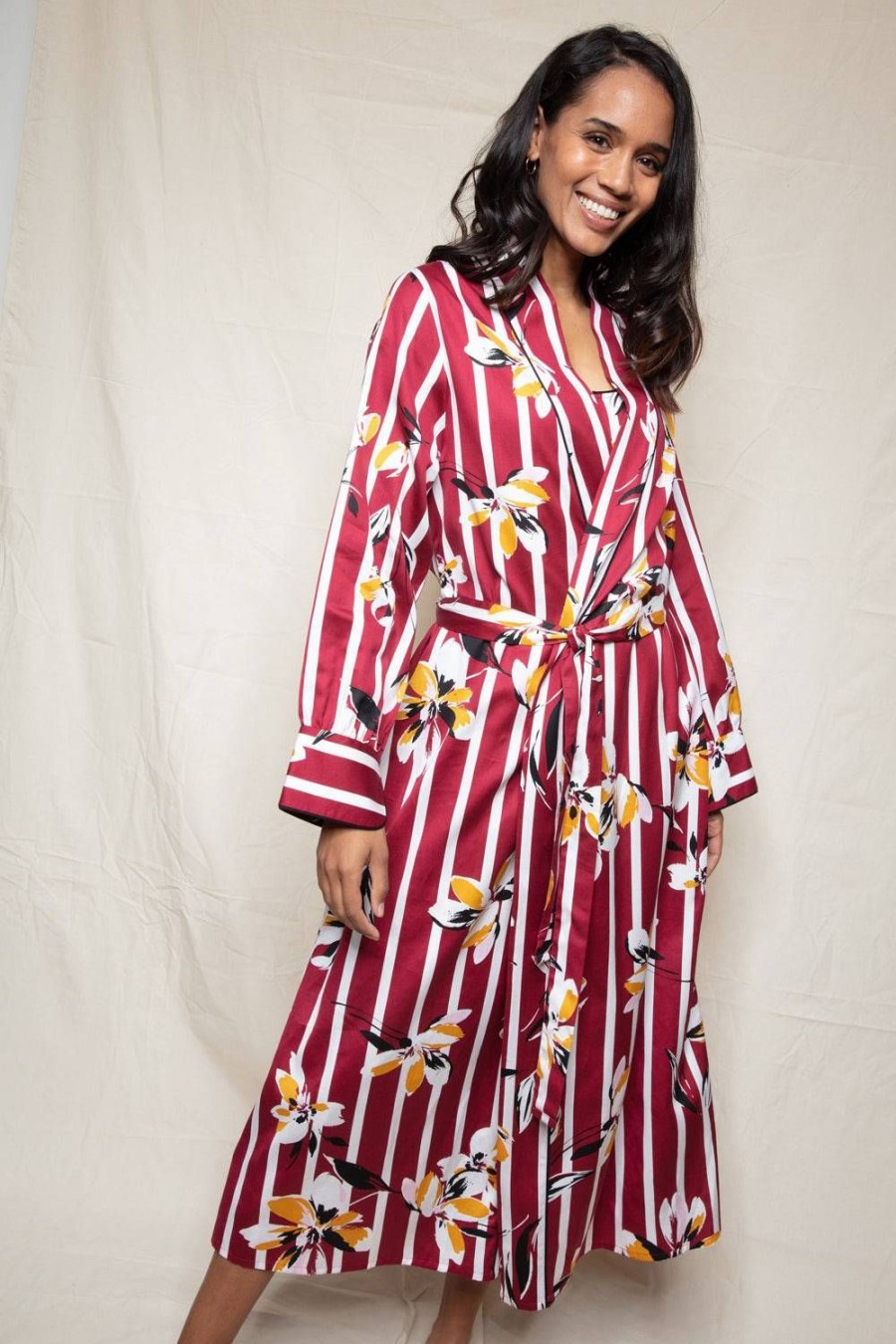 Nightwear Fable & Eve | Marylebone Stripe Floral Print Long Dressing Gown Burgundy