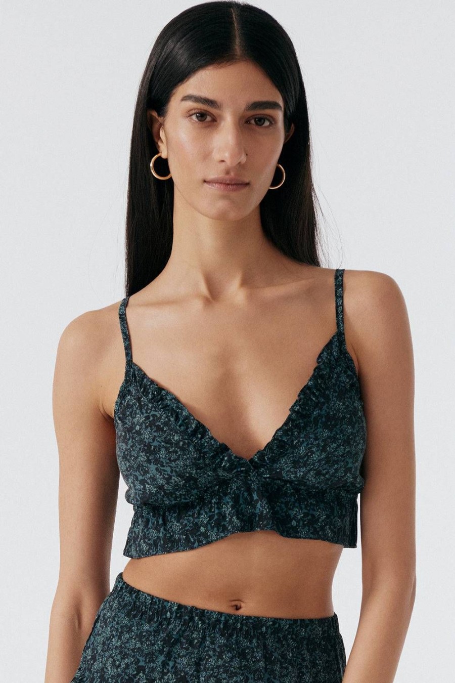 Accessories Else Whips & Feather Ticklers | Botanist Silk Cropped Ruffled Bralette Cedar/Black