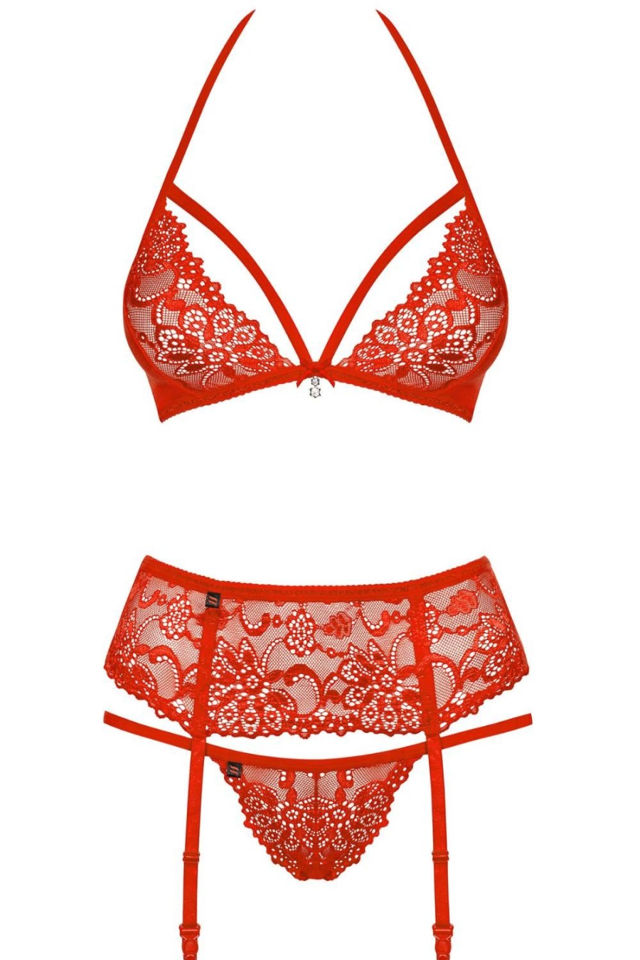 Lingerie Obsessive 3 Piece Sets | 838 Bra, Thong & Garter Belt Red