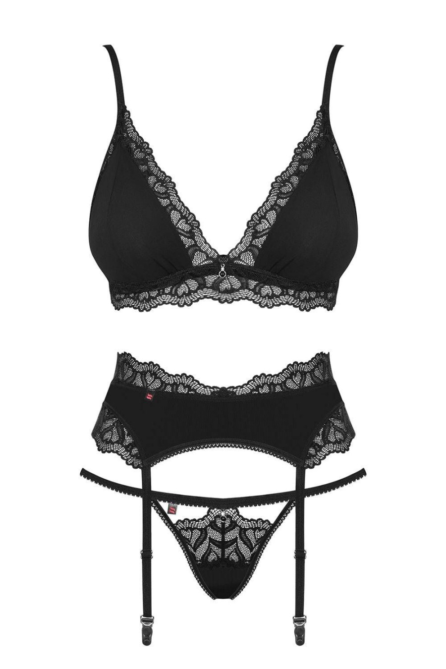 Lingerie Obsessive 3 Piece Sets | Arisha Bra, Thong & Garter Belt, L-Xl (Uk 12-14) Black