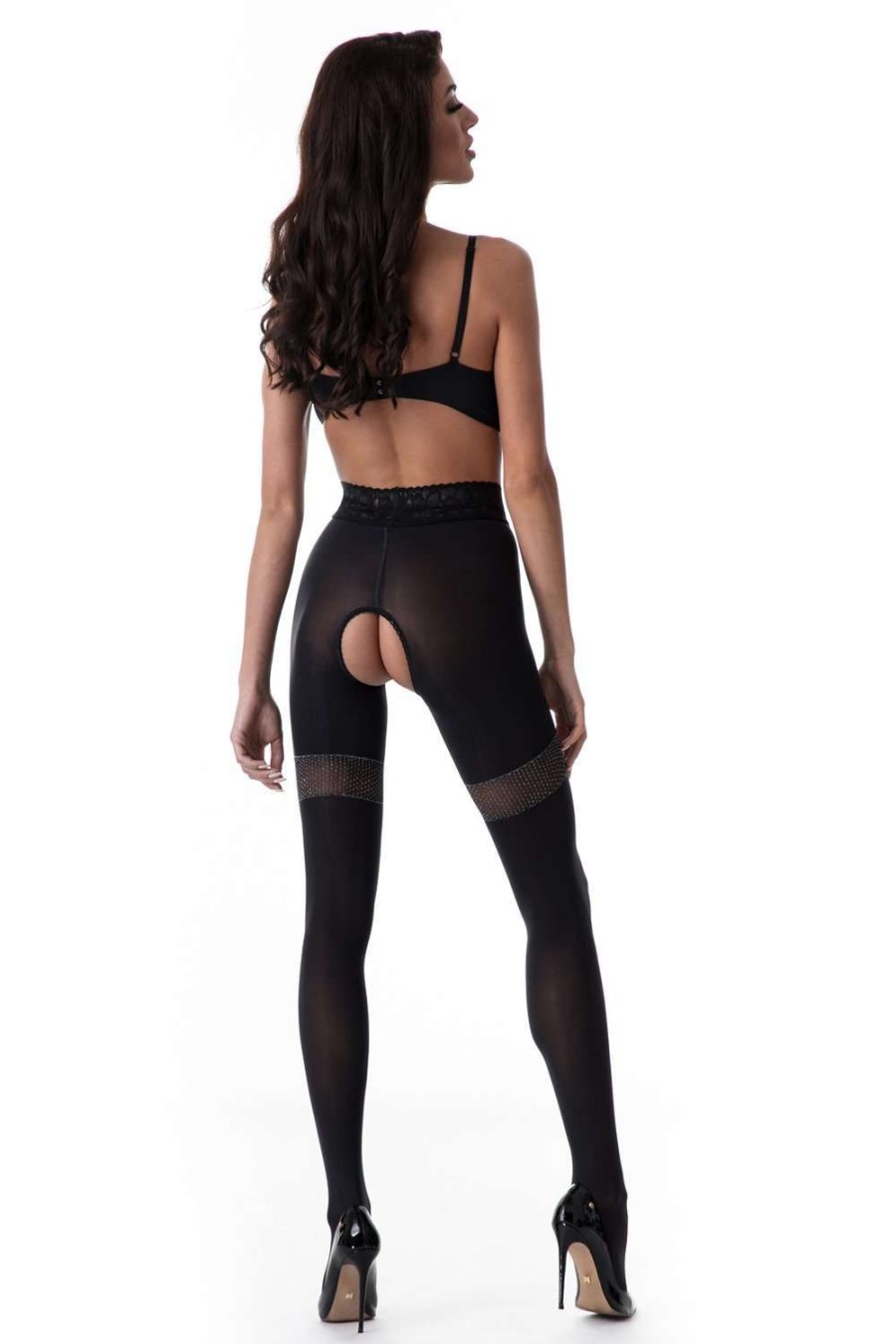 Hosiery Amour Patterned Tights | Glamour Crotchless Tights 80 Denier Black