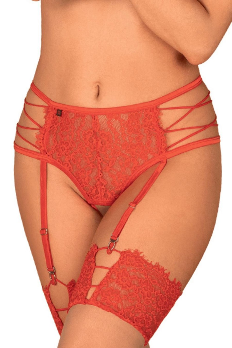 Lingerie Obsessive Crotchless Lingerie | Iosa Crotchless Suspender Thong Red