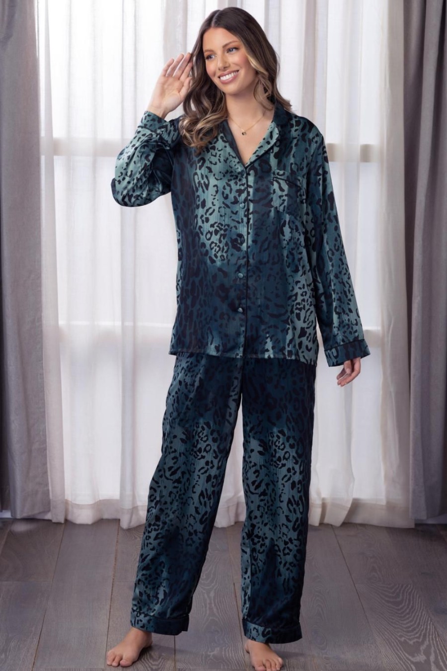 Nightwear Sainted Sisters | Sienna Satin Pyjama Set Teal Animal