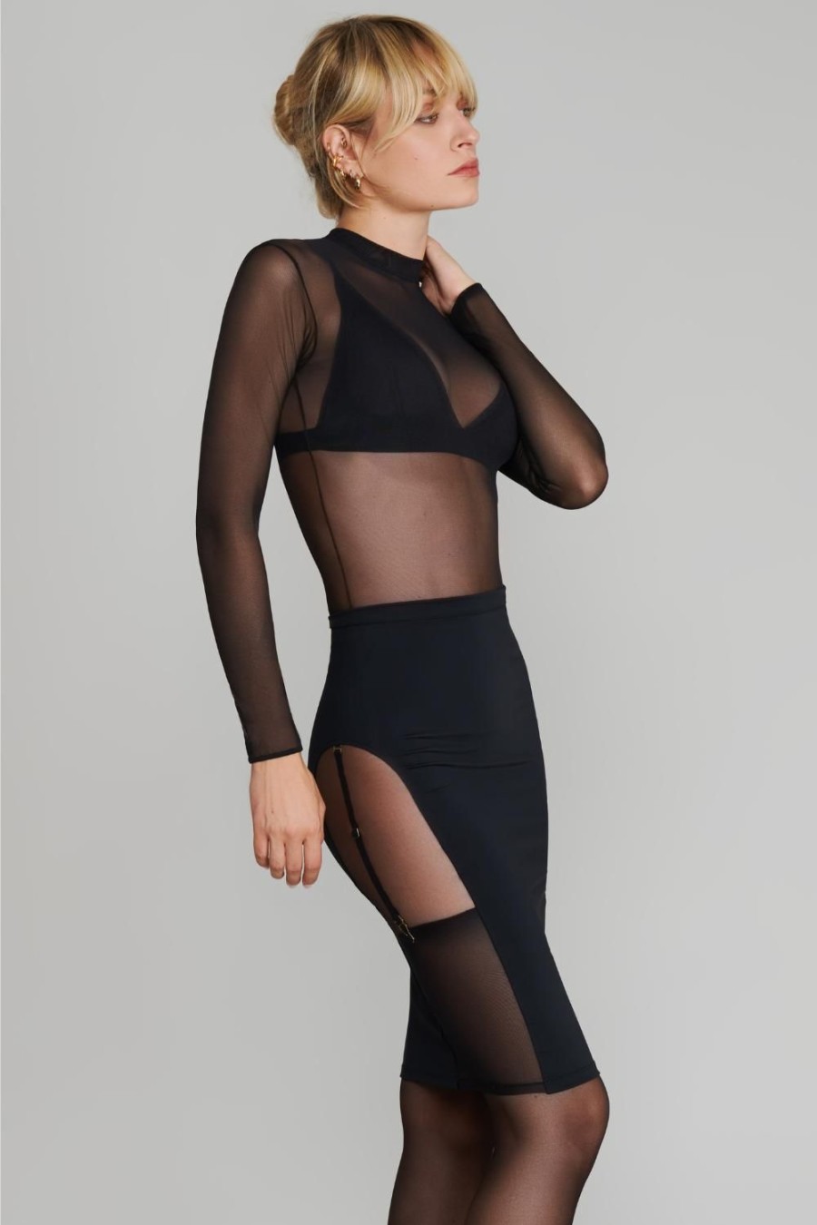 Lingerie Maison Close Skirts | Le Vestiaire Stretch Jersey & Tulle Suspender Pencil Skirt Black